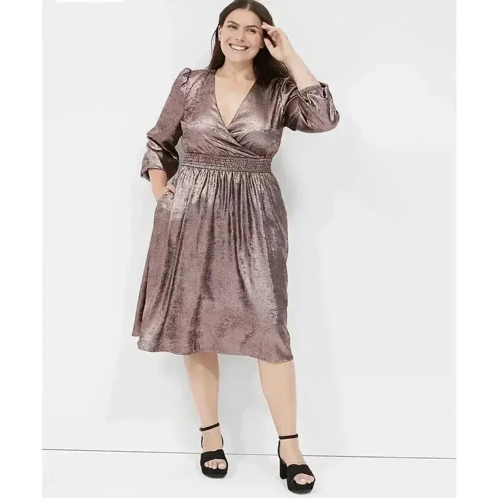 NWT Lane Bryant‎ Blouson-Sleeve Surplice Metallic Midi Dress Size 22/24